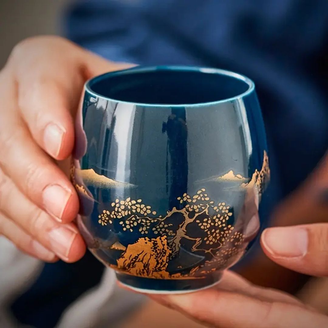 Japanese Blue Landscape Tea Set With Tray