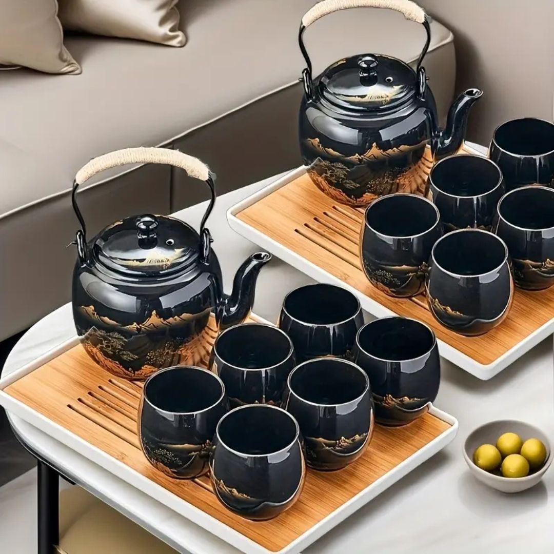 Japanese Blue Landscape Tea Set With Tray