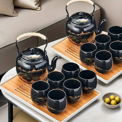 Japanese Blue Landscape Tea Set With Tray