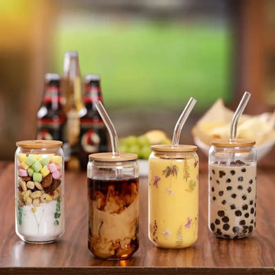 Glass Cups with Lids and Straws 4 pcs