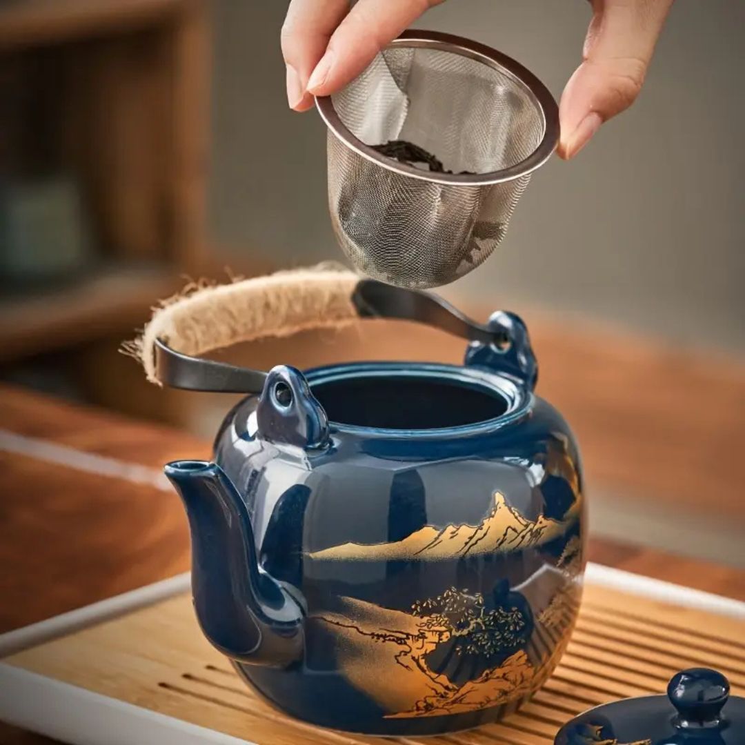 Japanese Blue Landscape Tea Set With Tray